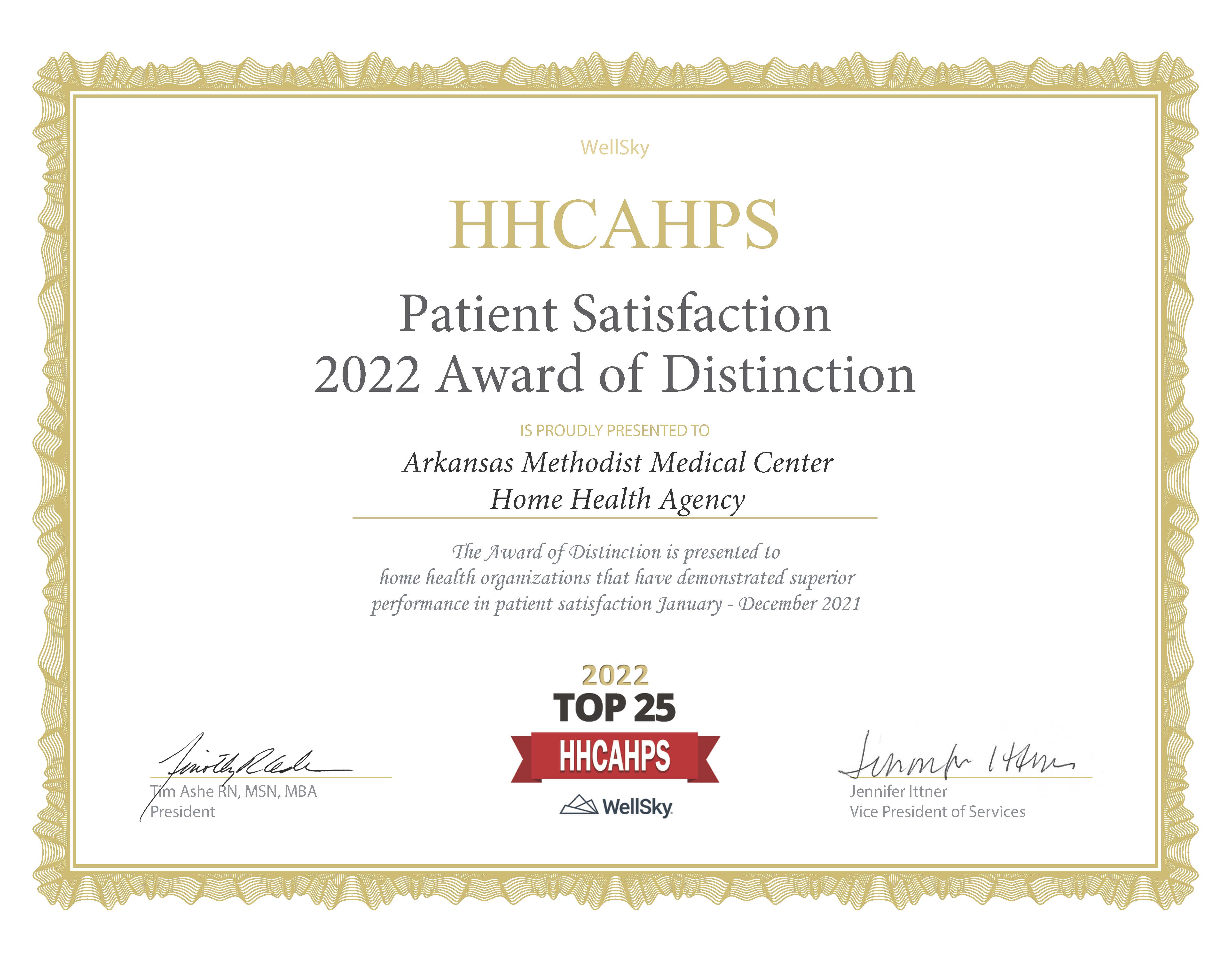Hhcahps top 25 award 2022 arkansas methodist medical center home health agency ccn 047004